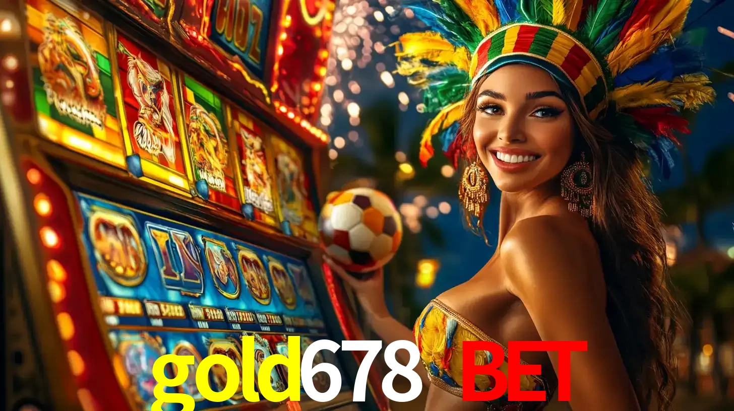 Mulher com um cocar de carnaval ao lado de uma máquina de caça-níqueis enquanto segura uma bola de futebol, mostrando a união da diversão de cassino e esportes no gold678 bet.