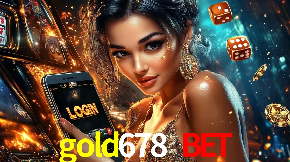 Mulher glamourosa segurando um celular com a tela de login do cassino gold678 bet, rodeada por dados e moedas douradas, pronta para começar a diversão.