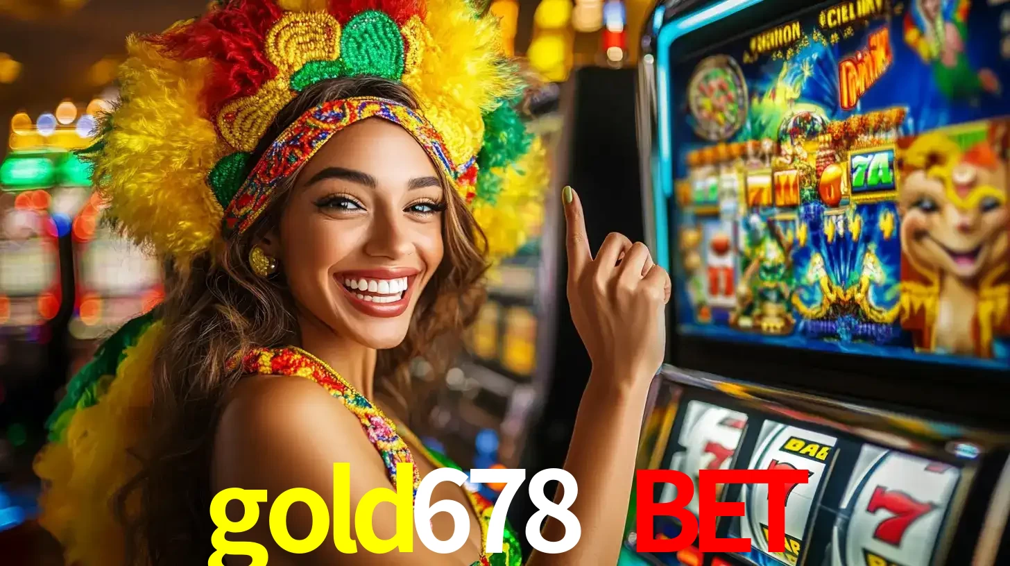 Mulher animada com um cocar de carnaval apontando para uma máquina de caça-níqueis, mostrando a emoção de ganhar um grande prêmio nos jogos do gold678 bet.