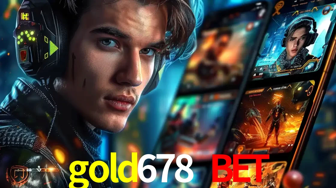 Jovem jogador com fones de ouvido olhando para a câmera, com um aplicativo de jogos e e-sports para celular ao fundo, pronto para a competição e apostas no gold678 bet.