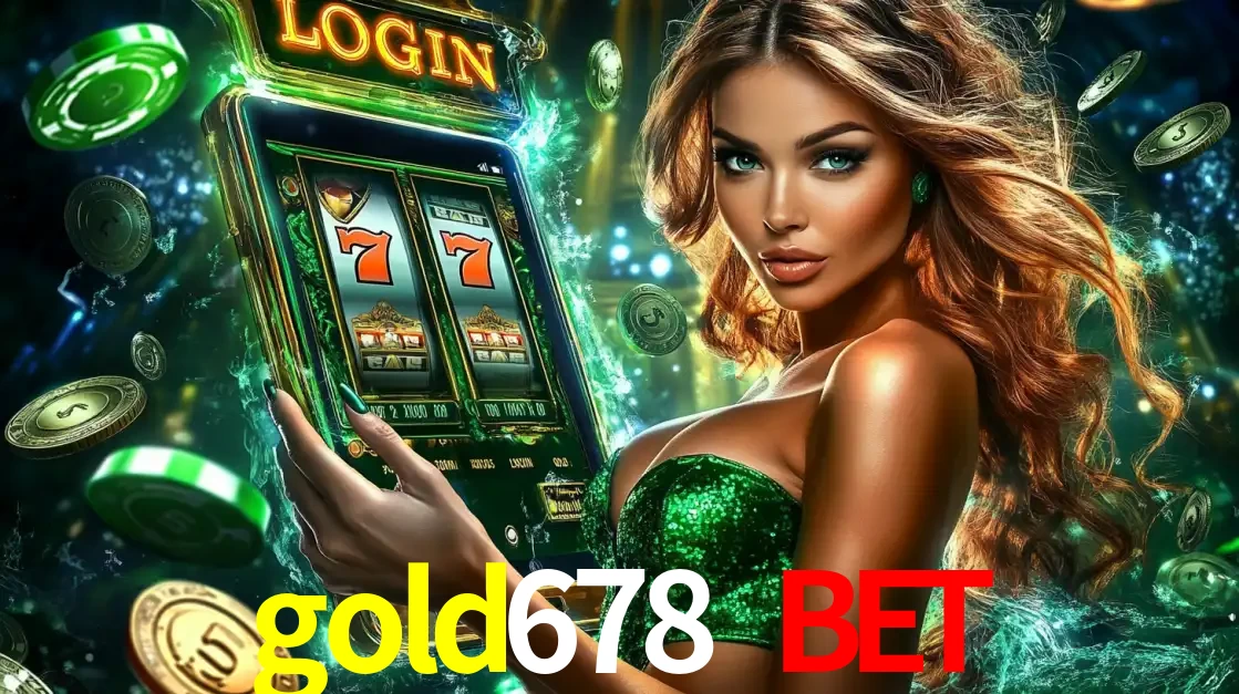 Mulher com tema verde apresentando o aplicativo do cassino gold678 bet com um jogo de slot de 777, cercada por fichas de cassino e uma aura de sorte.