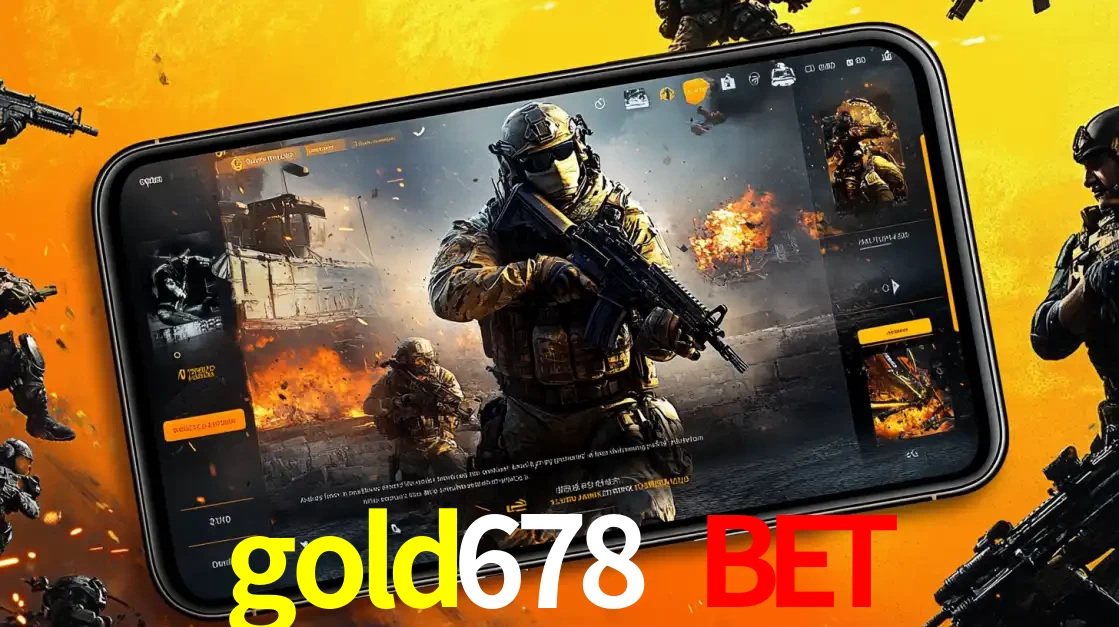 Um smartphone exibindo a interface de um jogo de tiro em primeira pessoa, com um soldado em um cenário de batalha, representando a ação dos e-sports para apostar no gold678 bet.