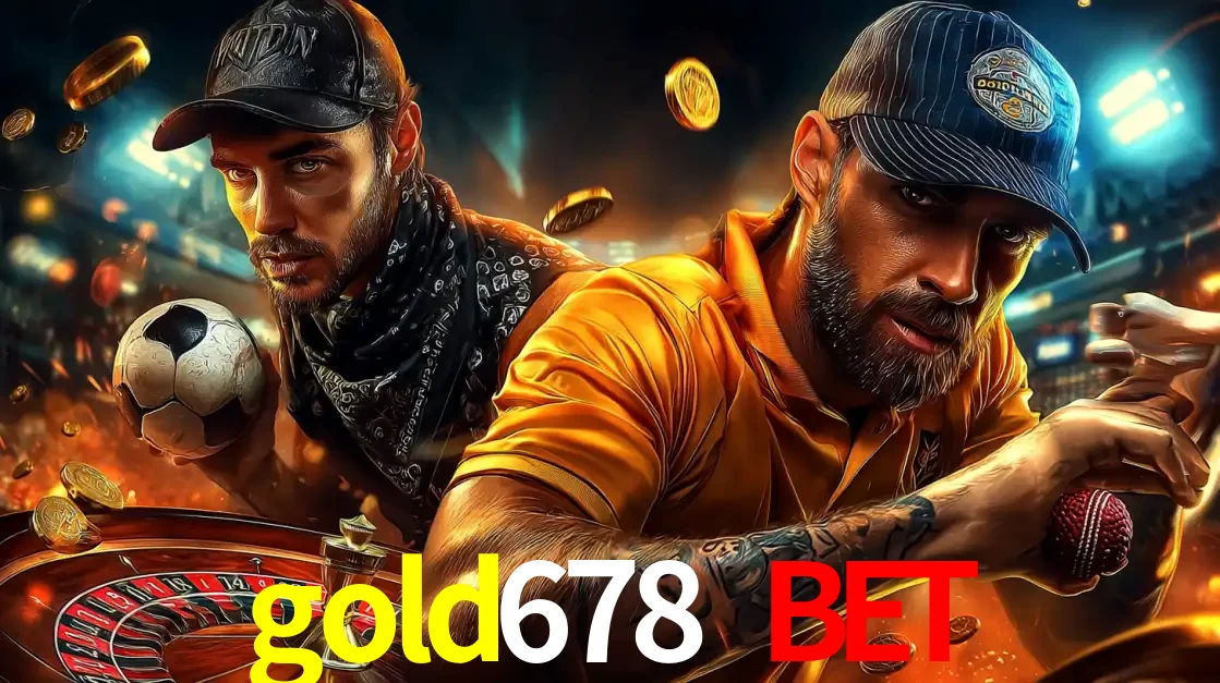 Montagem de apostas esportivas e cassino no gold678 bet, com um homem segurando uma bola de futebol e outro uma de beisebol sobre uma roleta e moedas voadoras.