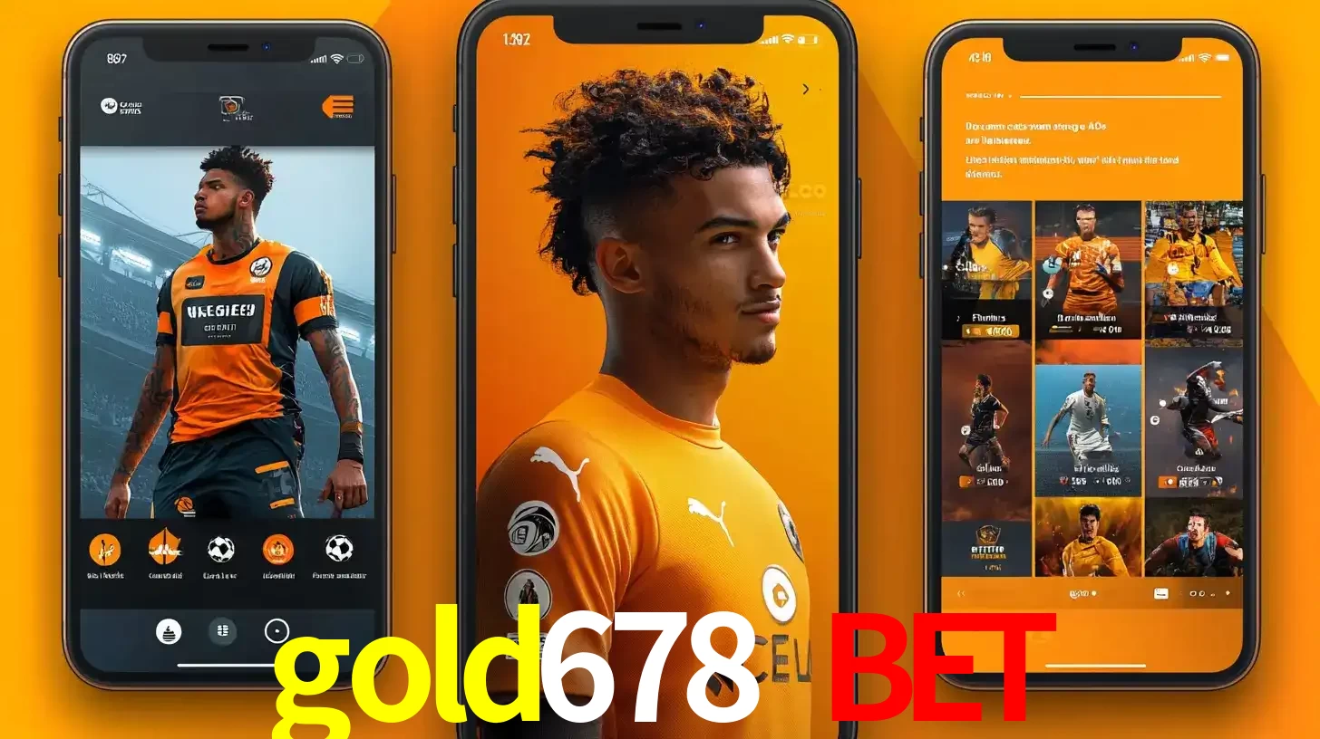 Interface do aplicativo de apostas esportivas gold678 bet em três telas de celular, mostrando o perfil de um jogador de futebol e a lista de jogos disponíveis para apostar.