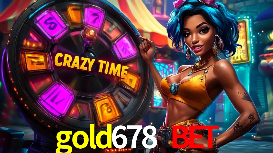 Mulher estilizada com cabelo azul e visual vibrante posando ao lado da roda de prêmios do game show Crazy Time, convidando para a diversão e os bônus do cassino gold678 bet.