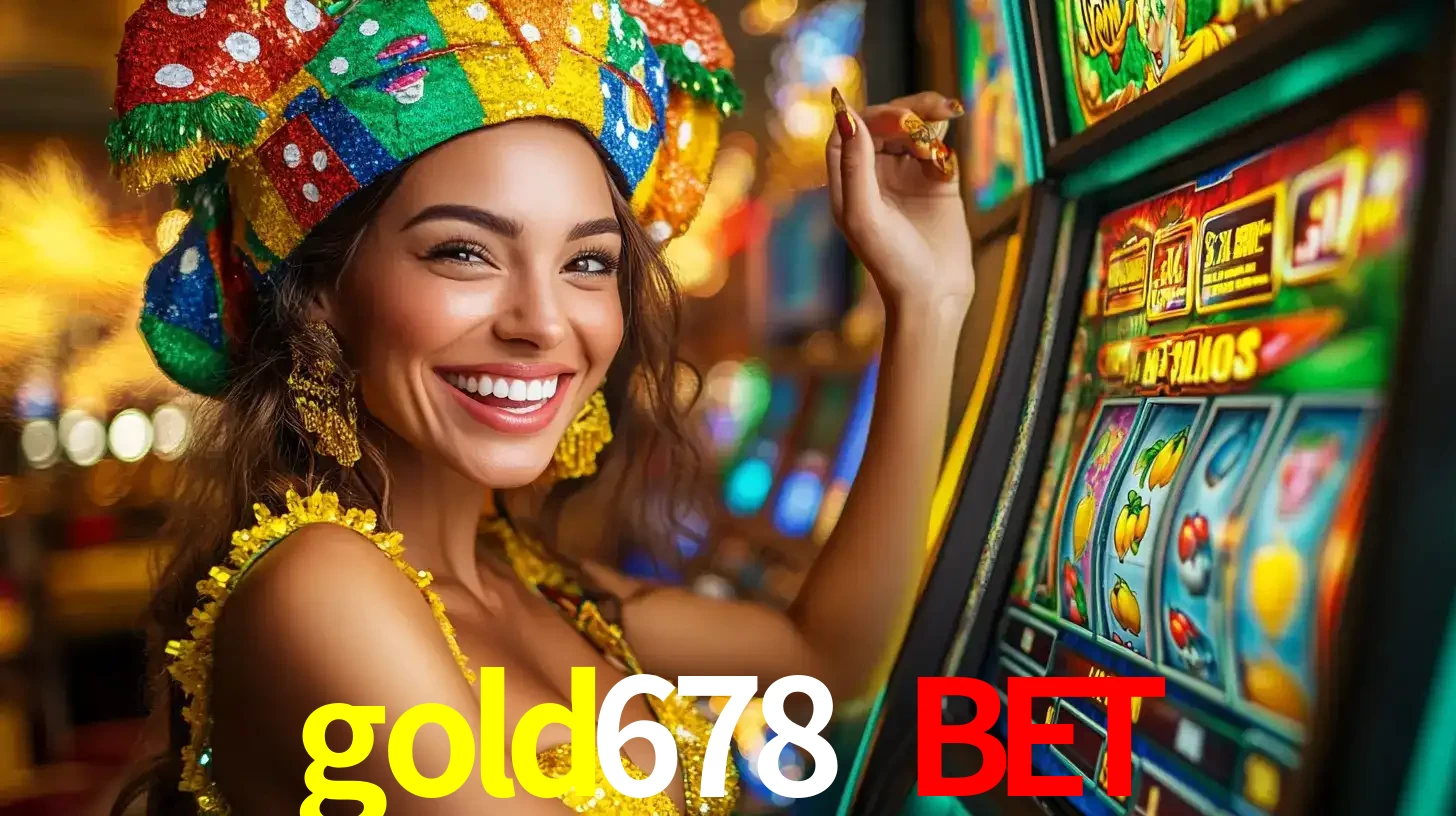 Mulher feliz com traje de carnaval amarelo e colorido ao lado de uma máquina de caça-níqueis, aproveitando a diversão e os jogos temáticos do cassino gold678 bet.