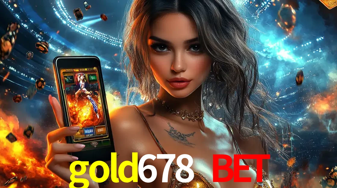Mulher segurando um celular com um jogo de slot em destaque, tendo como fundo um estádio vibrante, simbolizando a emoção de jogar no cassino móvel gold678 bet.