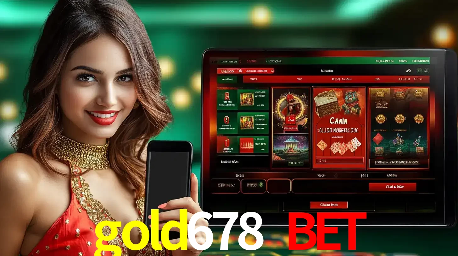 Mulher sorridente segurando um smartphone, ao lado de uma tela exibindo o lobby de jogos do cassino online gold678 bet, com várias opções de jogos de cartas e slots.